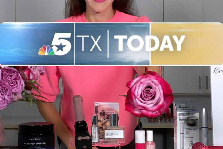 Woman in pink top with beauty products